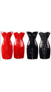 Red Pvc Strapless Corset Dress With Lace Up Rear.