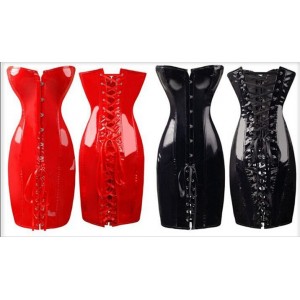 Red Pvc Strapless Corset Dress With Lace Up Rear.