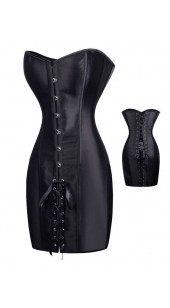 Black Pvc Strapless Corset Dress With Lace Up Rear.