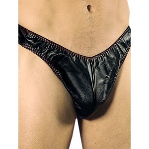 Black Faux Leather Thong With Red Stitch Detail.