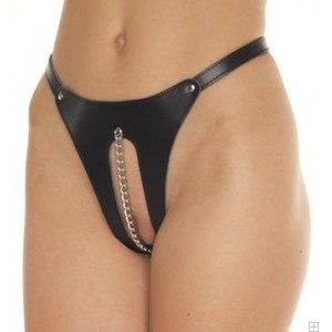 Black Leather Thong With Chain Detail and Adjustable Strap'S