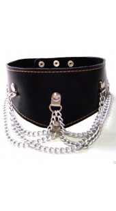 Adjustable Black Leather Collar With Chain Detail.