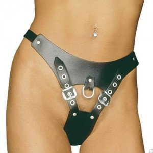 Adjustable Black Leather Open Front Thong.