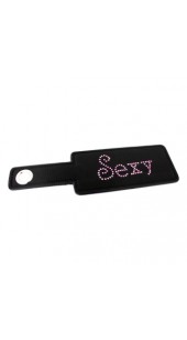 Black Leather Paddle With Word Sexy In Pink Rhinestone.