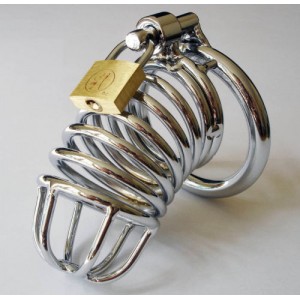 Male Jail House Chastity Steel Cage Device in Shiny Silver or Shiny Black.