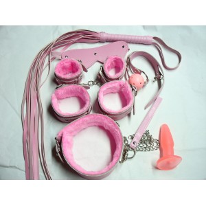 Nine Pc Pink bondage Set With Vibrating Anal Plug