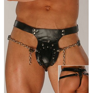 Black PU Leather and Chain Thong With Dome Drop Down  Front Panel