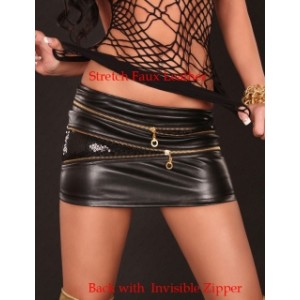 Stretch Faux Leather Skirt With Opening Zip's and Black Sequin Detail.