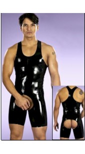 Black Pvc Men's bodysuit With Open Crotch and Back In Sizes Medium and XL