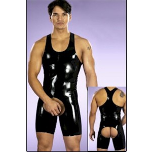 Black Pvc Men's bodysuit With Open Crotch and Back In Sizes Medium,Large and  XL.