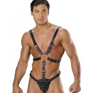 Men's Black Leather Bondage Suit.