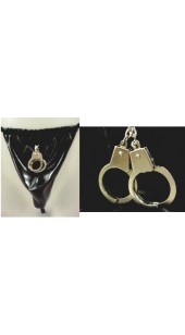 Black Pouch PVC Thong With Thumb Cuffs.