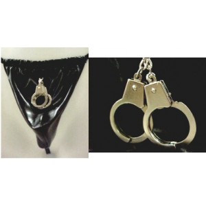 Black Pouch PVC Thong With Thumb Cuffs.