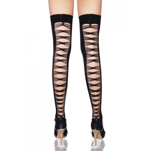 Black Thigh High Stockings With Criss Cross Back Seam.