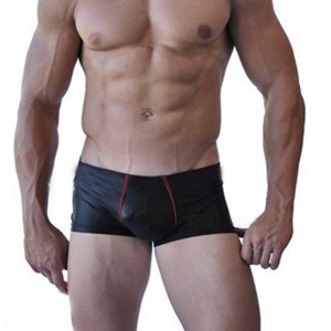 Shiny Black Spandex Boxers With Front Pouch and Red Trim.