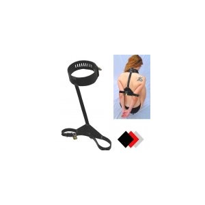 Black Leather Neck Collar With Arm Restrains With Brass Pad lock.