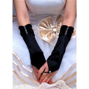 Black Soft Satin Fingerless Long Gloves.