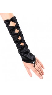 Black Soft Satin Fingerless Long Gloves With Rhinestone Detail.