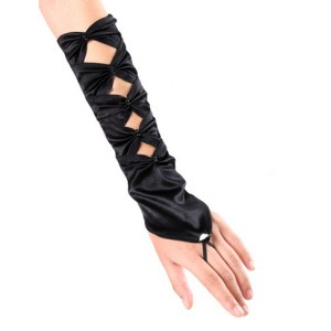 Black Soft Satin Fingerless Long Gloves With Rhinestone Detail.