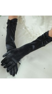 Black Soft Satin Full Finger Long Gloves With Black Rhinestone Detail.