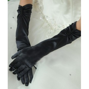 Black Soft Satin Full Finger Long Gloves With Black Rhinestone Detail.