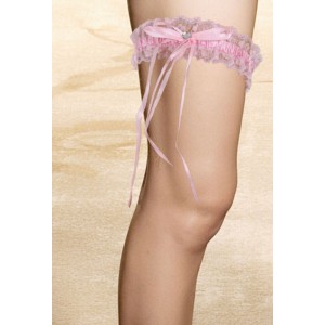 Pink Stretch Satin and Lace Garter With Rhinestone Detail.