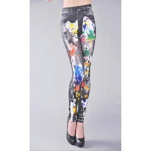 Black and Splash Of Colour Denim Print Stretch Leggings In Size Medium or XL.