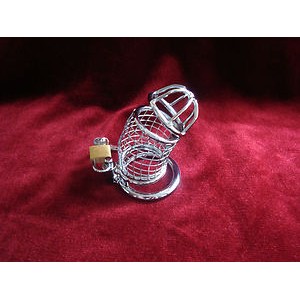 Male Jail House Chastity Steel Cage Device With Mesh inset in Shiny Silver.