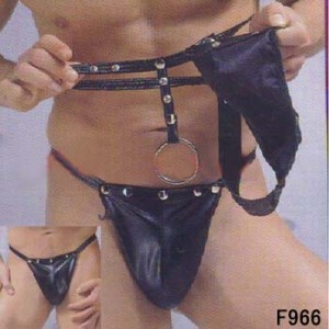 Black Pvc Thong With Stud and Steel Ring Detail 
