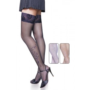 Thigh High Fashion Stockings In Black With Silicone Lace Top and Pattern Leg Detail.
