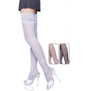 Thigh High Fashion Stockings In White With Silicone Lace Top and Pattern Leg Detail.
