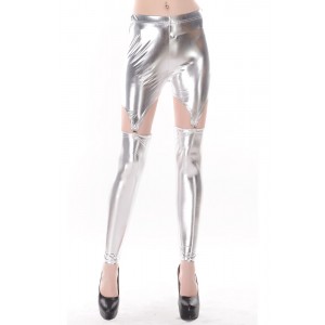 Silver Three Pc Stretch Spandex Leggings With Stretch Shorts With Four Garters in One Size.