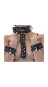 Black Leather Neck Collar With Wrist Restrains.