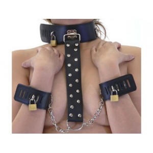 Black Leather Neck Collar With Wrist Restrains.