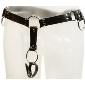 Black Leather Waist Belt With Scrotum Ring and and Penis Strap.