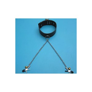 Black Soft Leather Collar With Adjustable Nipple Clamps and Gold Bells.